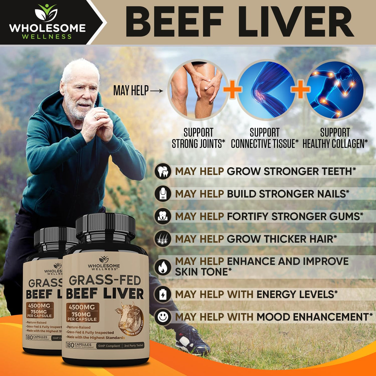 Flacon de gélules de foie de bœuf déshydraté Wholesome Wellness ouvert