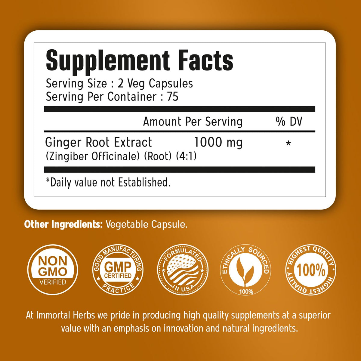 Flacon de gélules de gingembre Immortal Herbs 1000mg avec étiquette