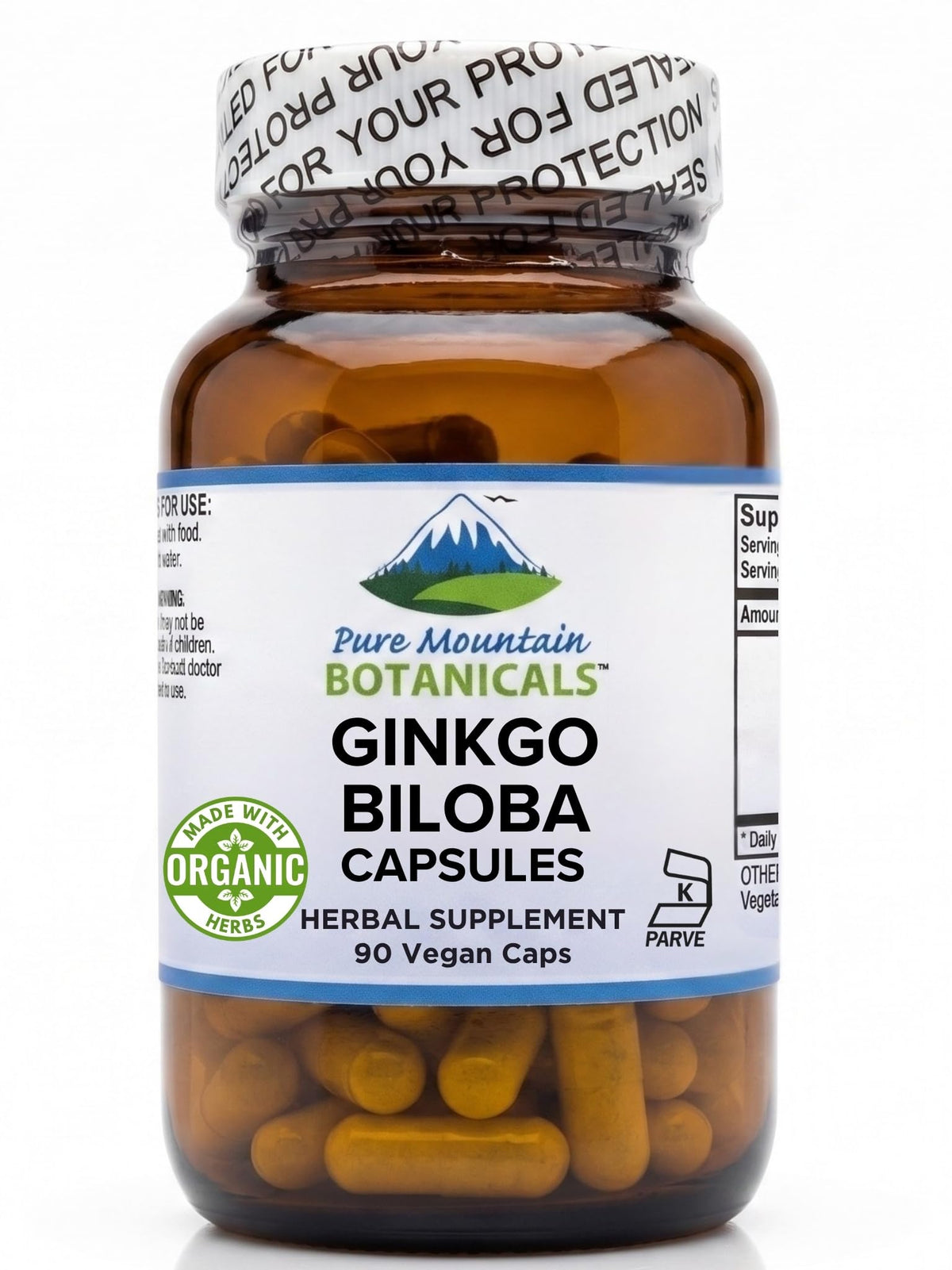 Flacon de gélules de Ginkgo Biloba Pure Mountain Botanicals 400mg vue de face
