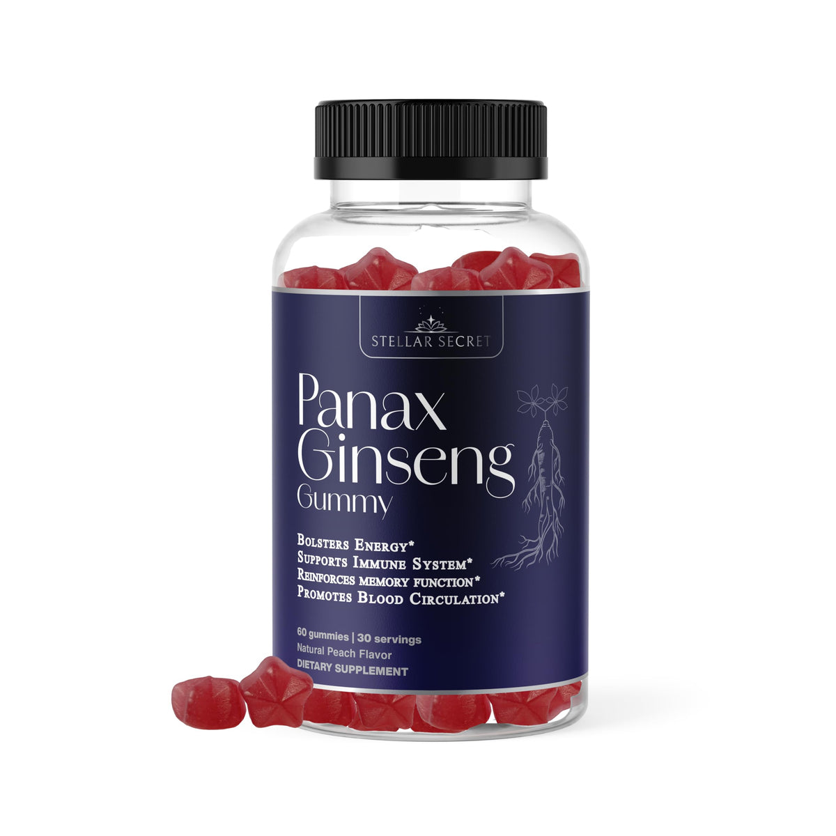 Flacon de gélules de ginseng rouge coréen Stellar Secret 1500mg, 60 gummies