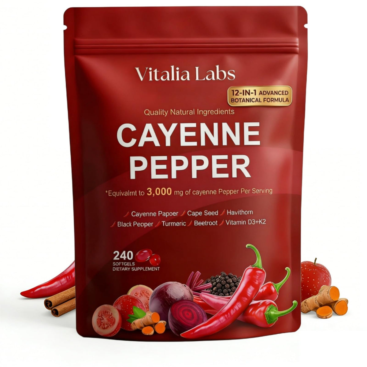 Flacon de gélules de poivre de cayenne Vitalia Labs vue de face
