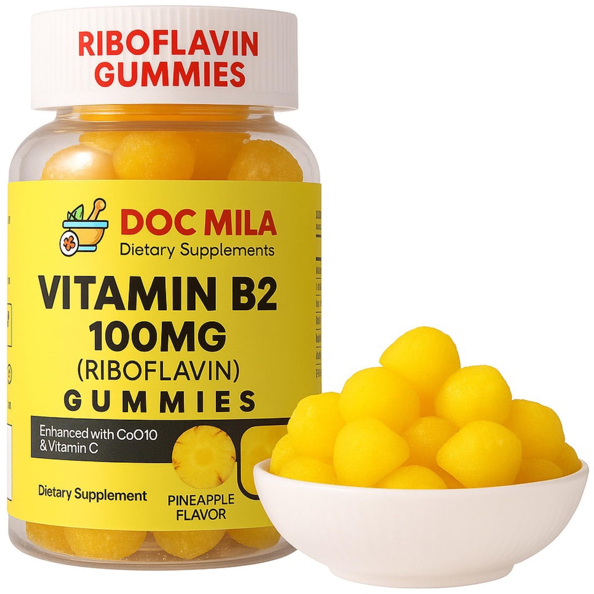 Flacon de gélules de vitamine B2 Doc Mila 100mg saveur ananas vue de face