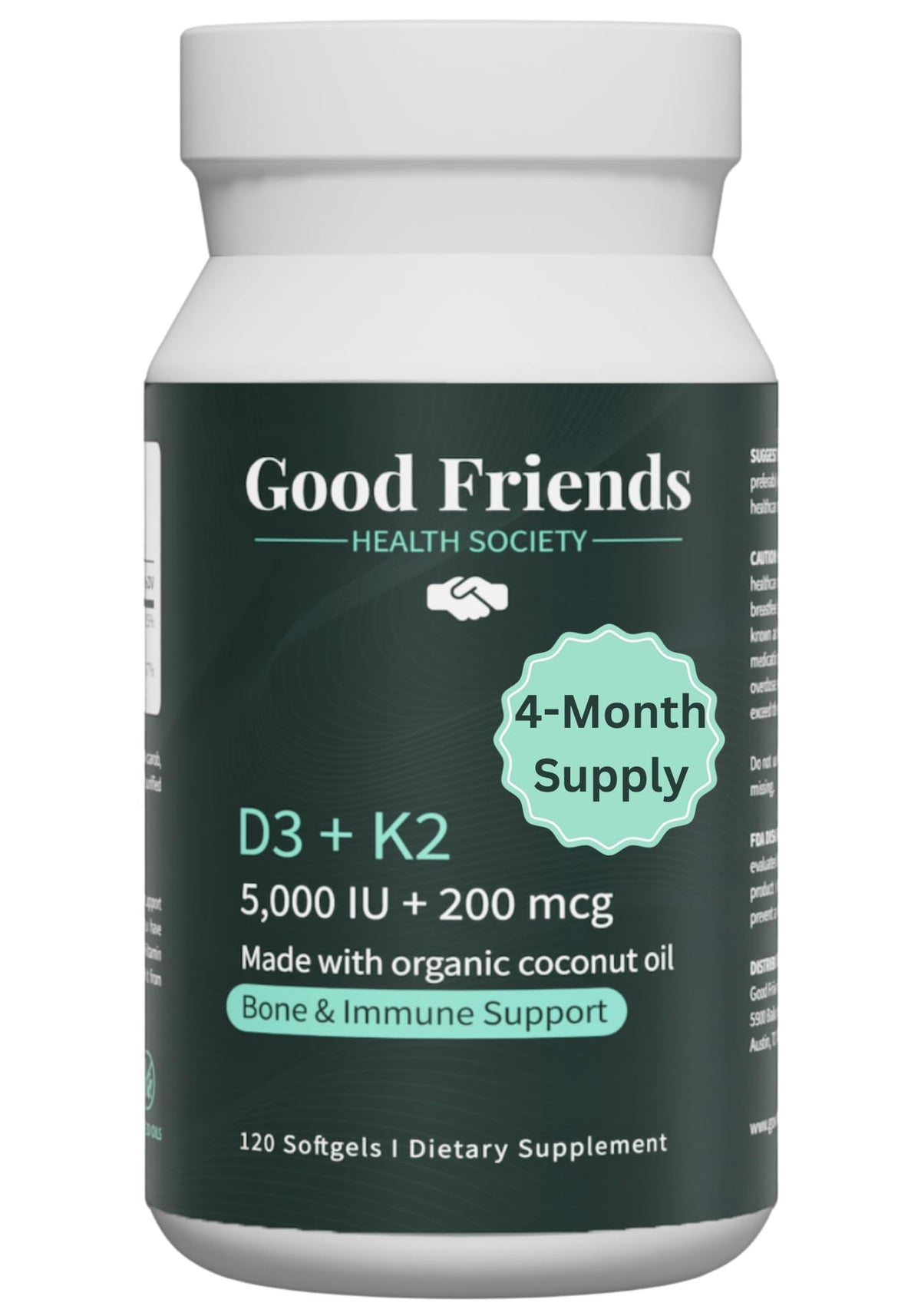 Flacon de gélules de Vitamine D3 5000 UI et K2 200 mcg de Good Friends Health