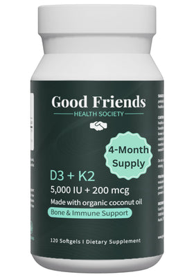 Flacon de gélules de Vitamine D3 5000 UI et K2 200 mcg de Good Friends Health