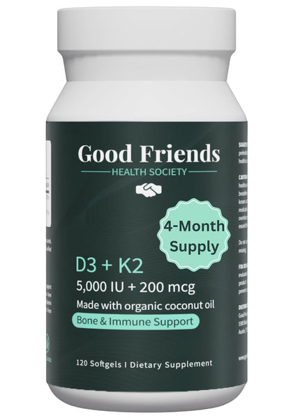 Flacon de gélules de Vitamine D3 5000 UI et K2 200 mcg de Good Friends Health