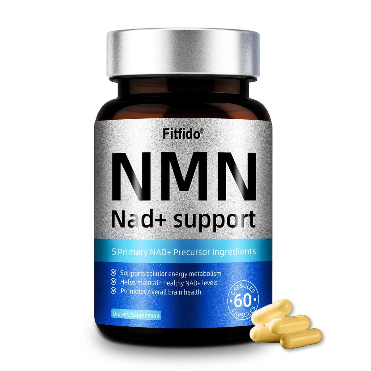 Flacon de gélules Fitfido NMN 500mg 5-en-1 avec Resvératrol, TMG et CoQ10