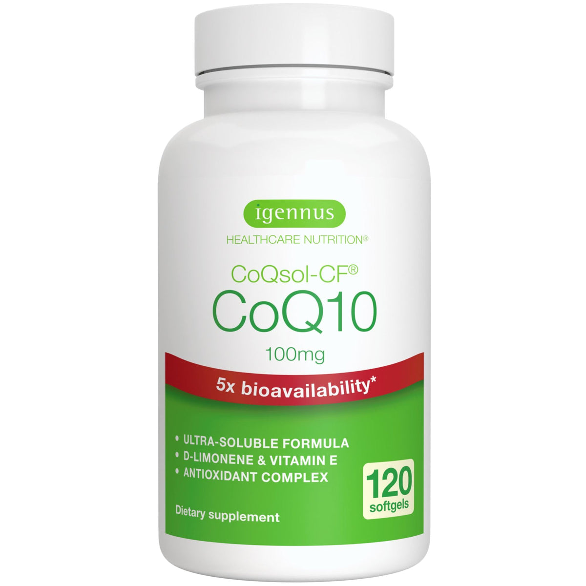 Flacon de gélules Igennus CoQSol CoQ10 100mg vue de face