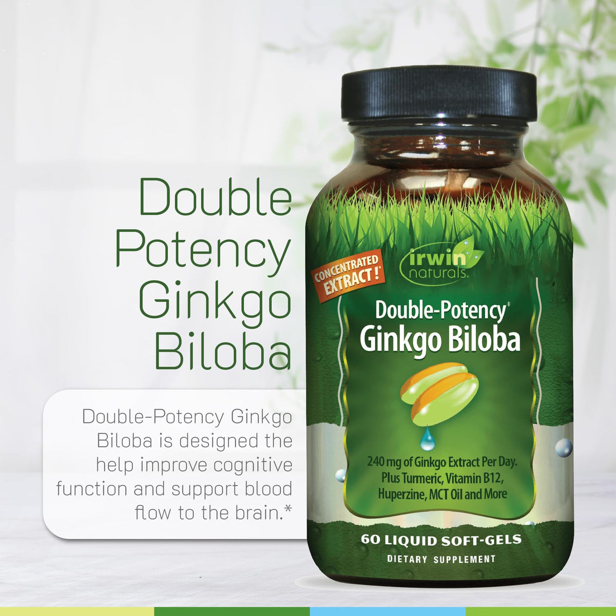 Flacon de gélules liquides Irwin Naturals Ginkgo Biloba ouvert