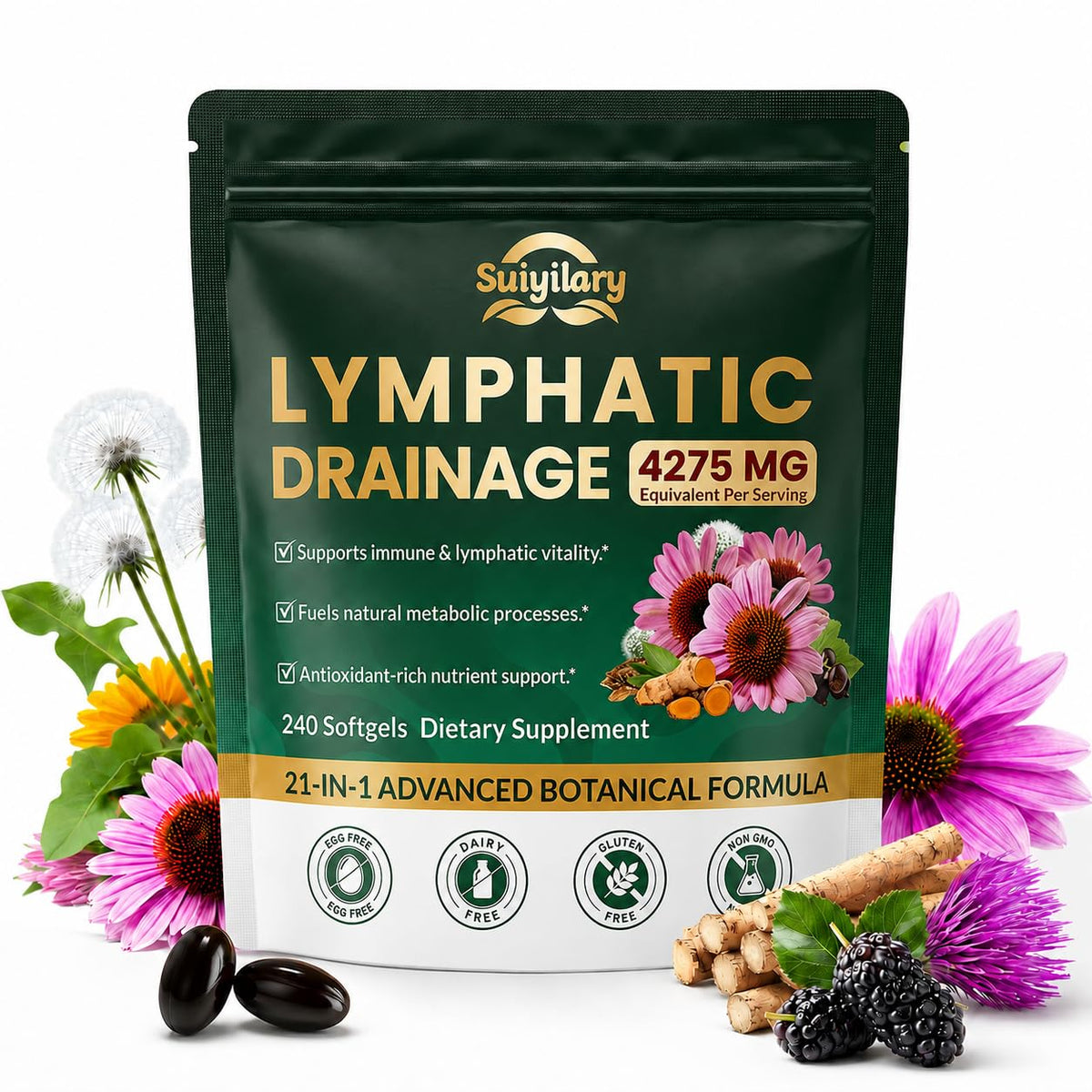 Flacon de gélules Suiyilary avec 240 gélules de drainage lymphatique