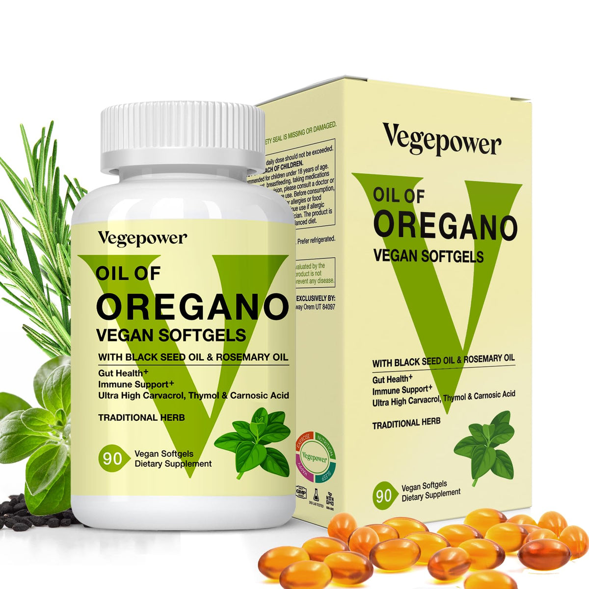 Flacon de gélules végétales d'huile d'origan VEGEPOWER