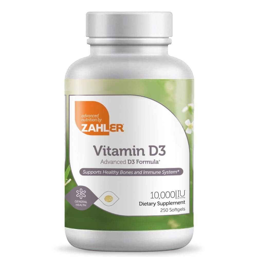 Flacon de gélules Zahler Vitamine D3 10 000 UI vue de face