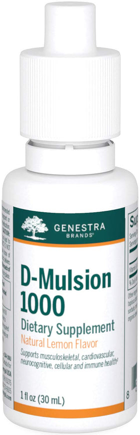 Flacon de Genestra Brands D-Mulsion 1000, 25 mcg de vitamine D3, goût citron