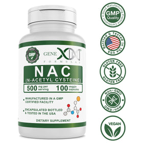 Flacon de Genex Formulas NAC 500mg ouvert avec capsules visibles