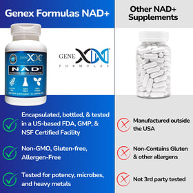 Flacon de Genex Formulas NAD+ 250mg ouvert avec capsules visibles