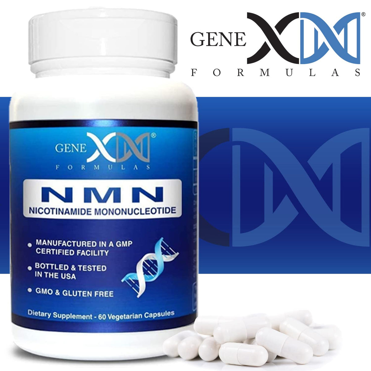 Flacon de Genex Formulas NMN 250 mg avec les capsules à côté