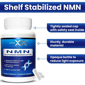 Flacon de Genex Formulas NMN 250 mg ouvert avec capsules