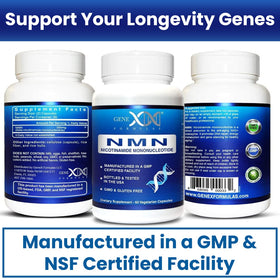 Flacon de Genex Formulas NMN 250 mg sur un fond neutre