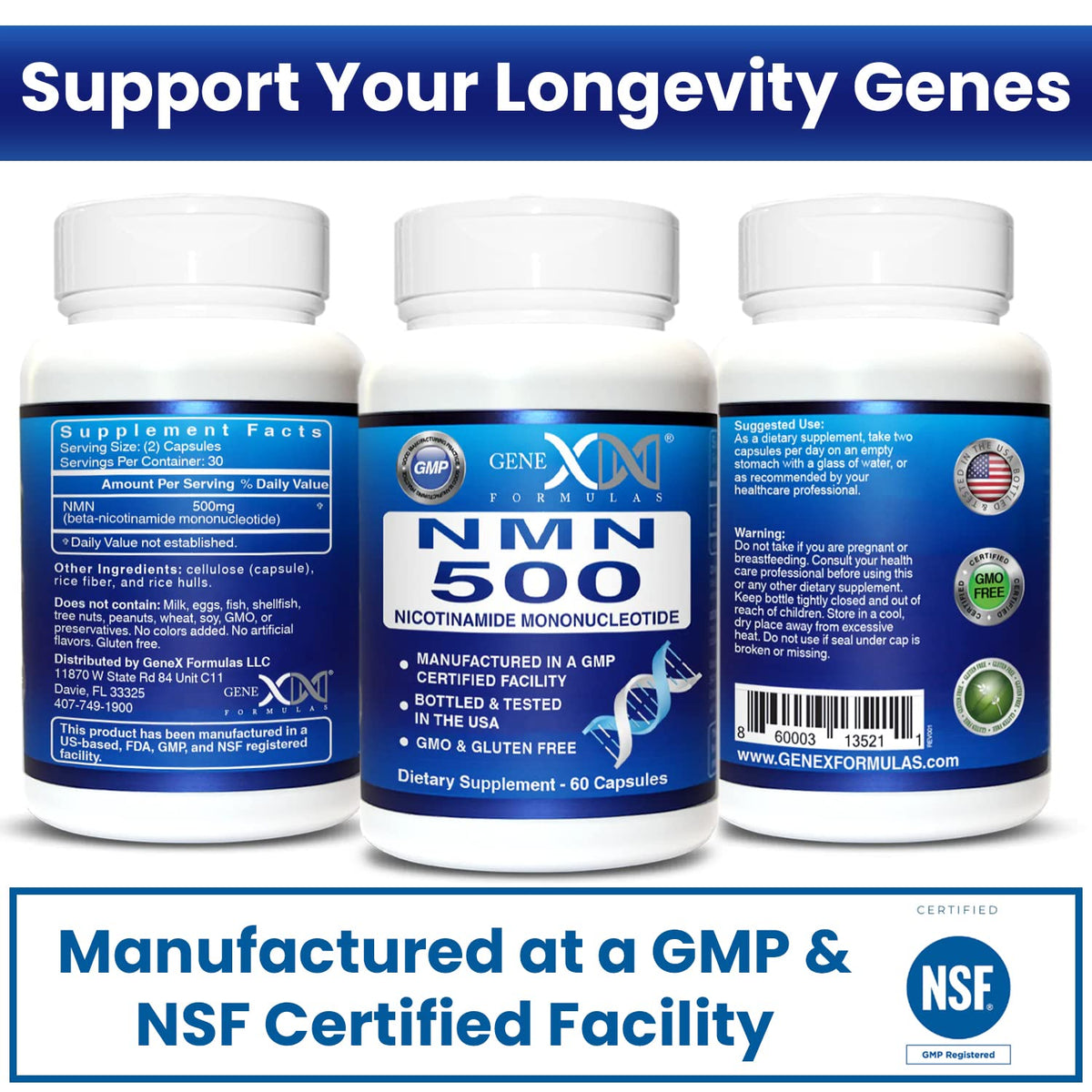 Flacon de Genex Formulas NMN 500mg ouvert avec capsules visibles