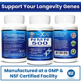 Flacon de Genex Formulas NMN 500mg ouvert avec capsules visibles