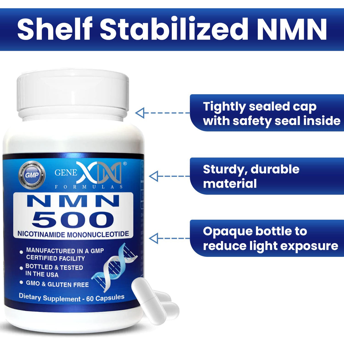 Flacon de Genex Formulas NMN 500mg sur un fond neutre