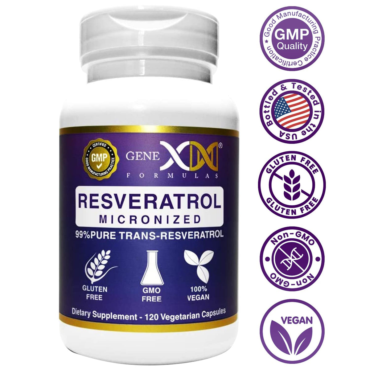 Flacon de Genex Formulas Resvératrol sur une table en bois