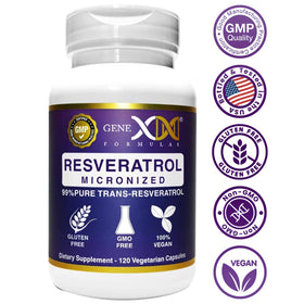 Flacon de Genex Formulas Resvératrol sur une table en bois