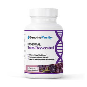 Flacon de GenuinePurity Liposomal Trans Resvératrol 500mg avec 60 capsules végétaliennes