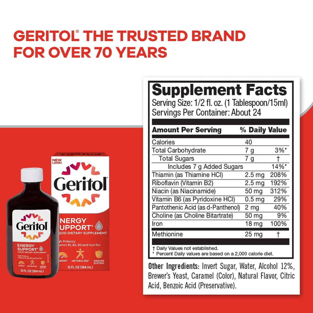 Flacon de Geritol Complément Alimentaire Liquide Fer et Vitamines 12 Oz avec un fond neutre