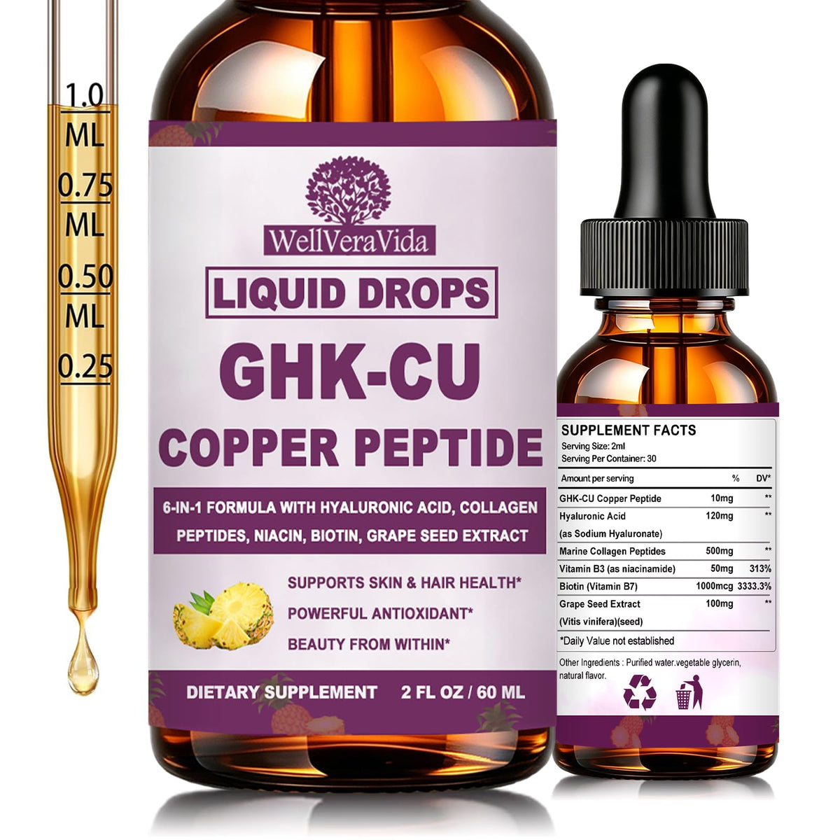Flacon de GHK-Cu Peptide Complément Alimentaire Liquide de WellVeraVida