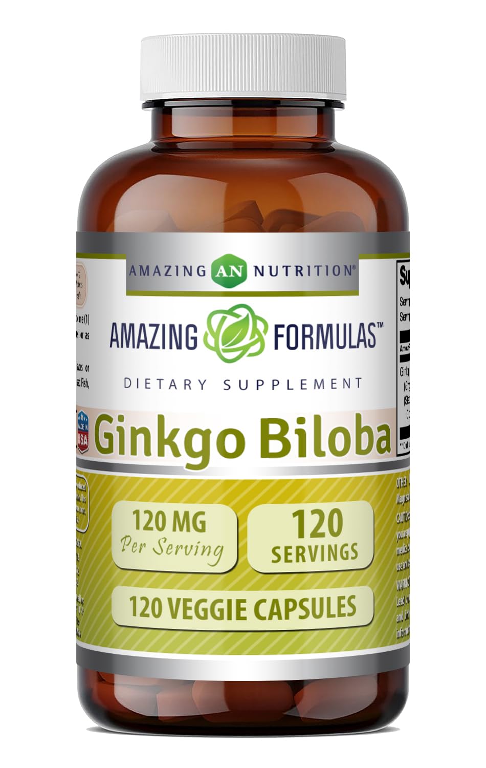 Flacon de Ginkgo Biloba 120 mg Amazing Nutrition vue de face