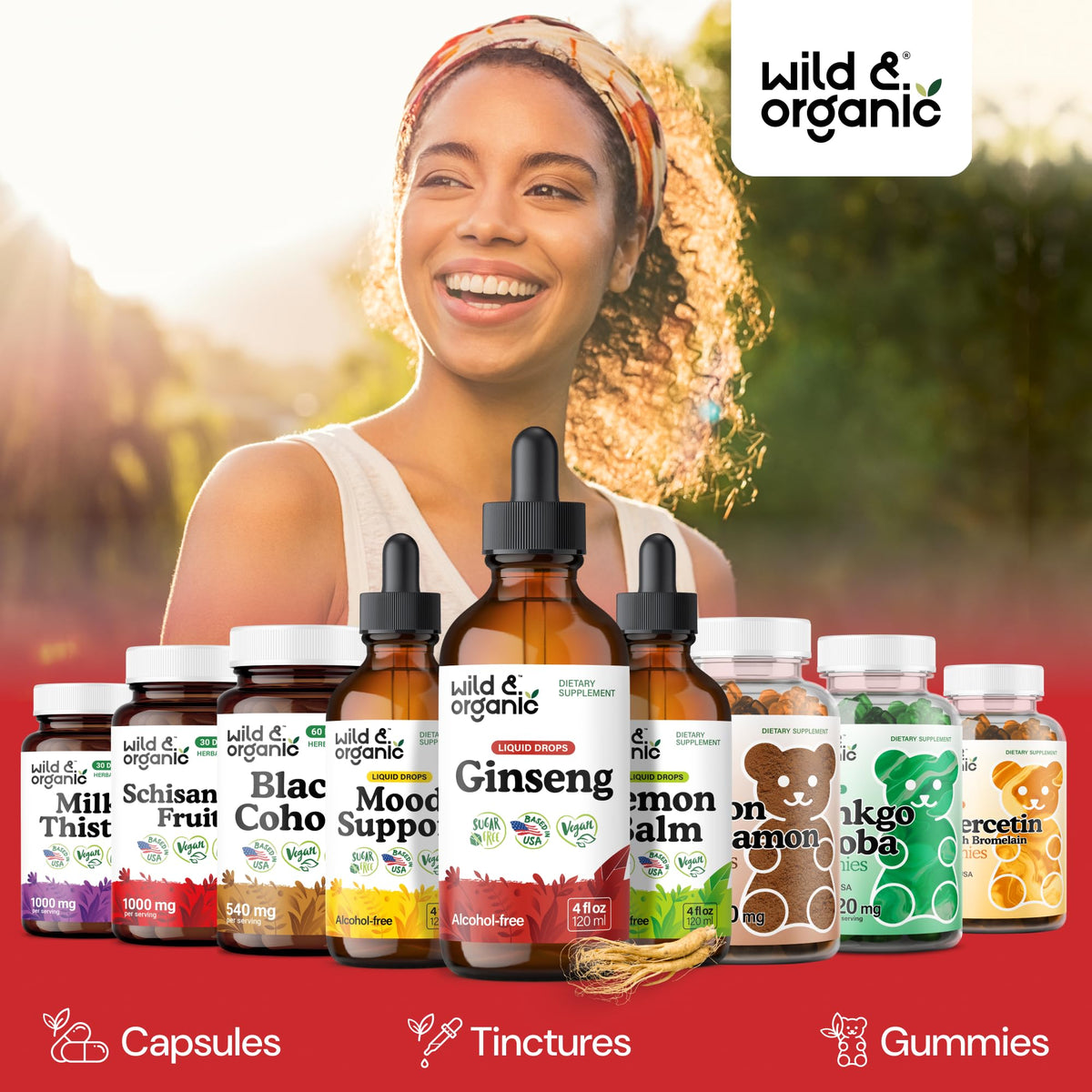 Flacon de ginseng coréen Wild & Organic sur une table en bois