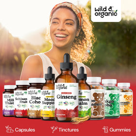 Flacon de ginseng coréen Wild & Organic sur une table en bois