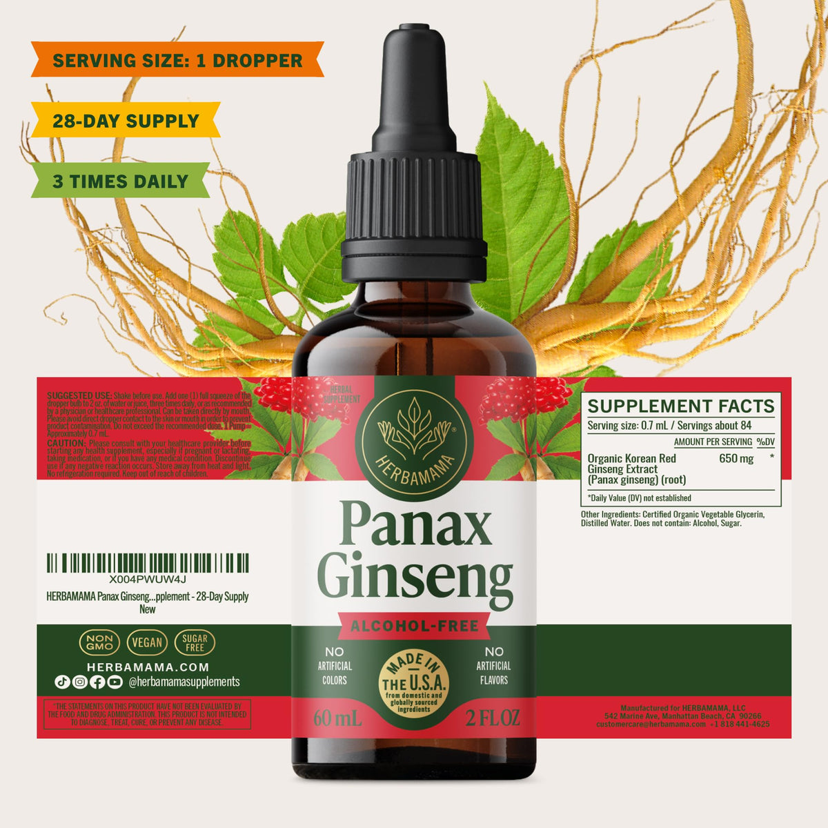 Flacon de ginseng Panax HERBAMAMA avec vue de côté