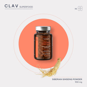 Flacon de ginseng sibérien CLAV ouvert avec capsules à l'intérieur
