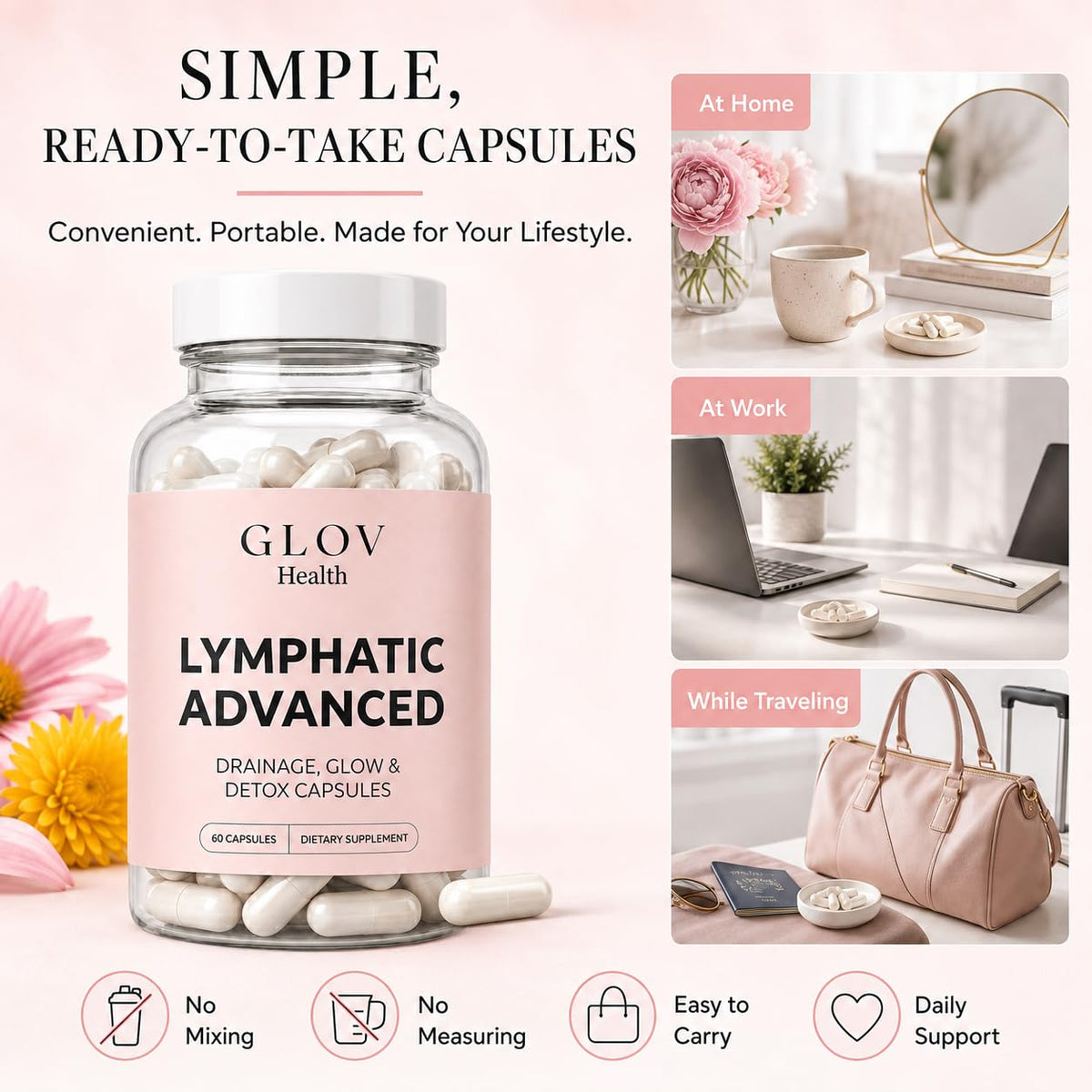 Flacon de Glov Health avec capsules sur une surface blanche