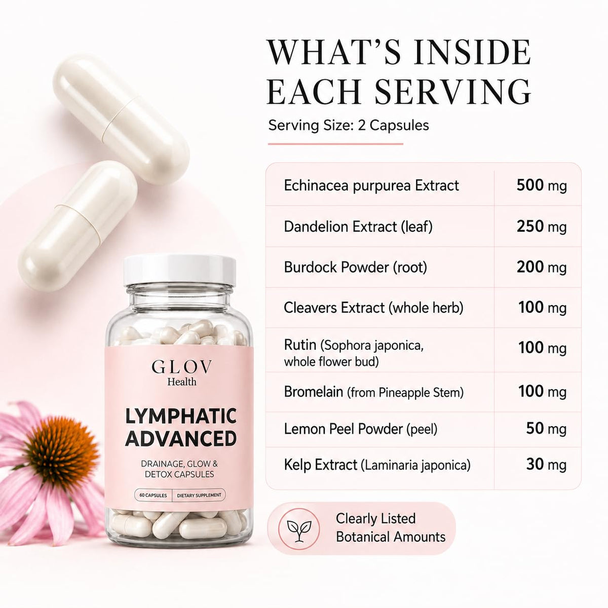 Flacon de Glov Health ouvert avec des capsules visibles