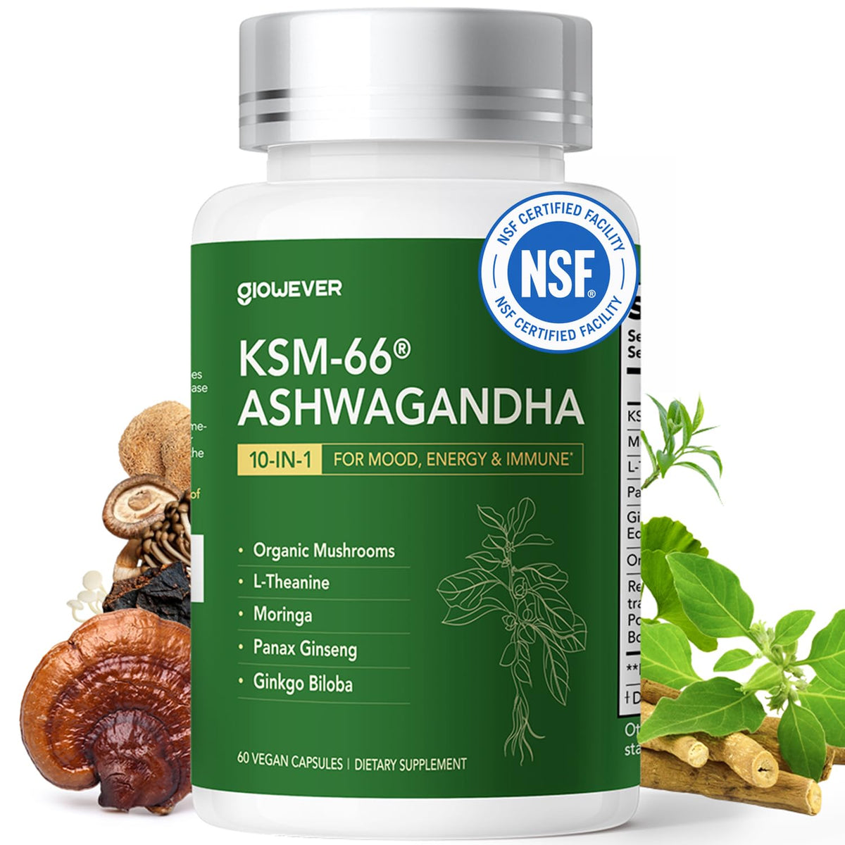 Flacon de GlowEver KSM-66 Ashwagandha 60 capsules vue de face