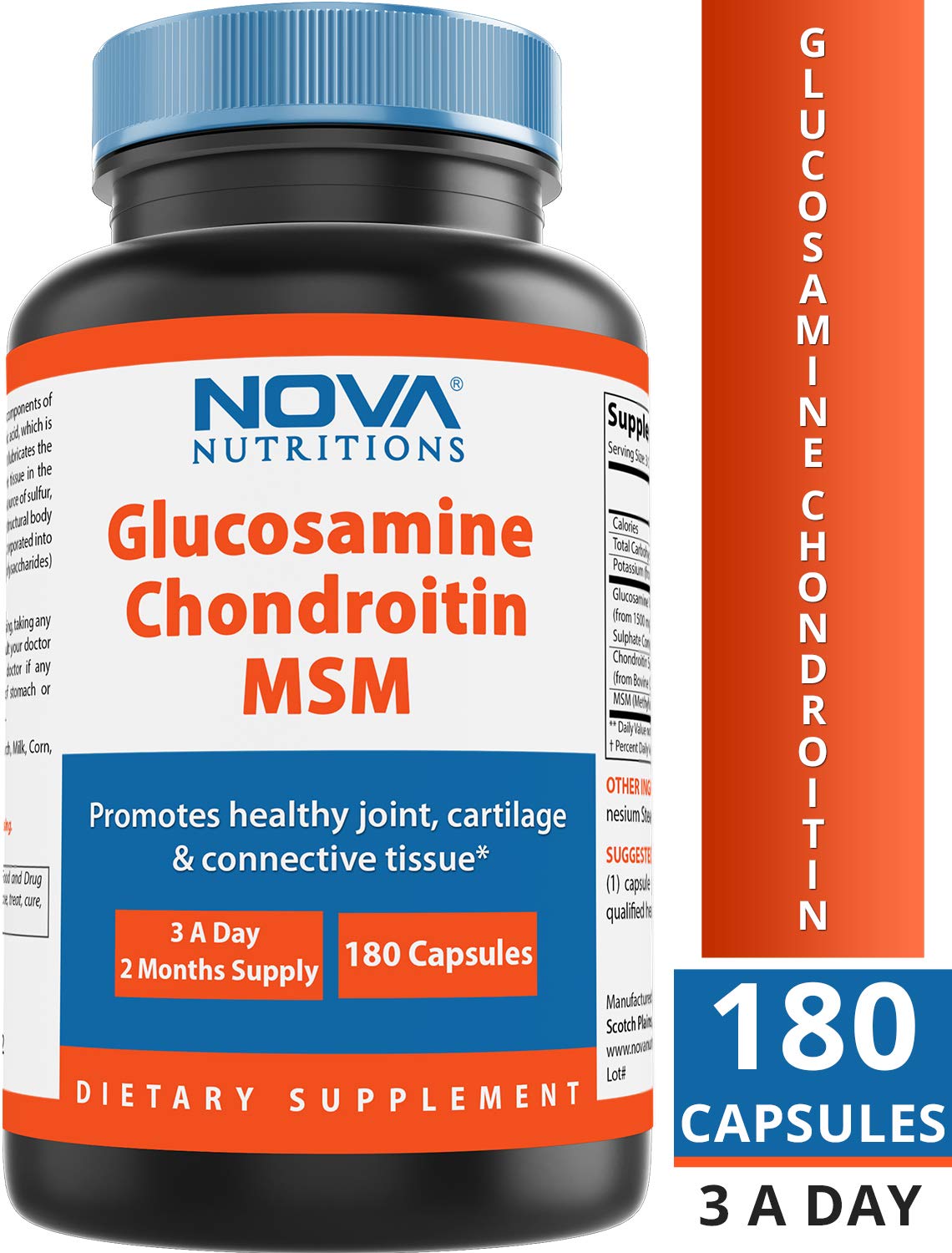 Flacon de Glucosamine Chondroïtine MSM Nova Nutritions avec des ingrédients naturels en arrière-plan