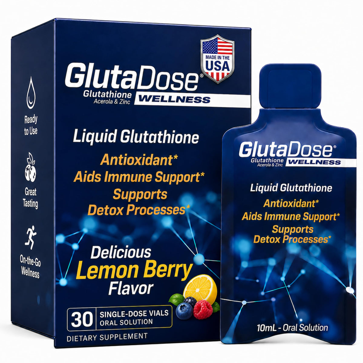 Flacon de GlutaDose complément alimentaire liquide 30 doses saveur citron baie