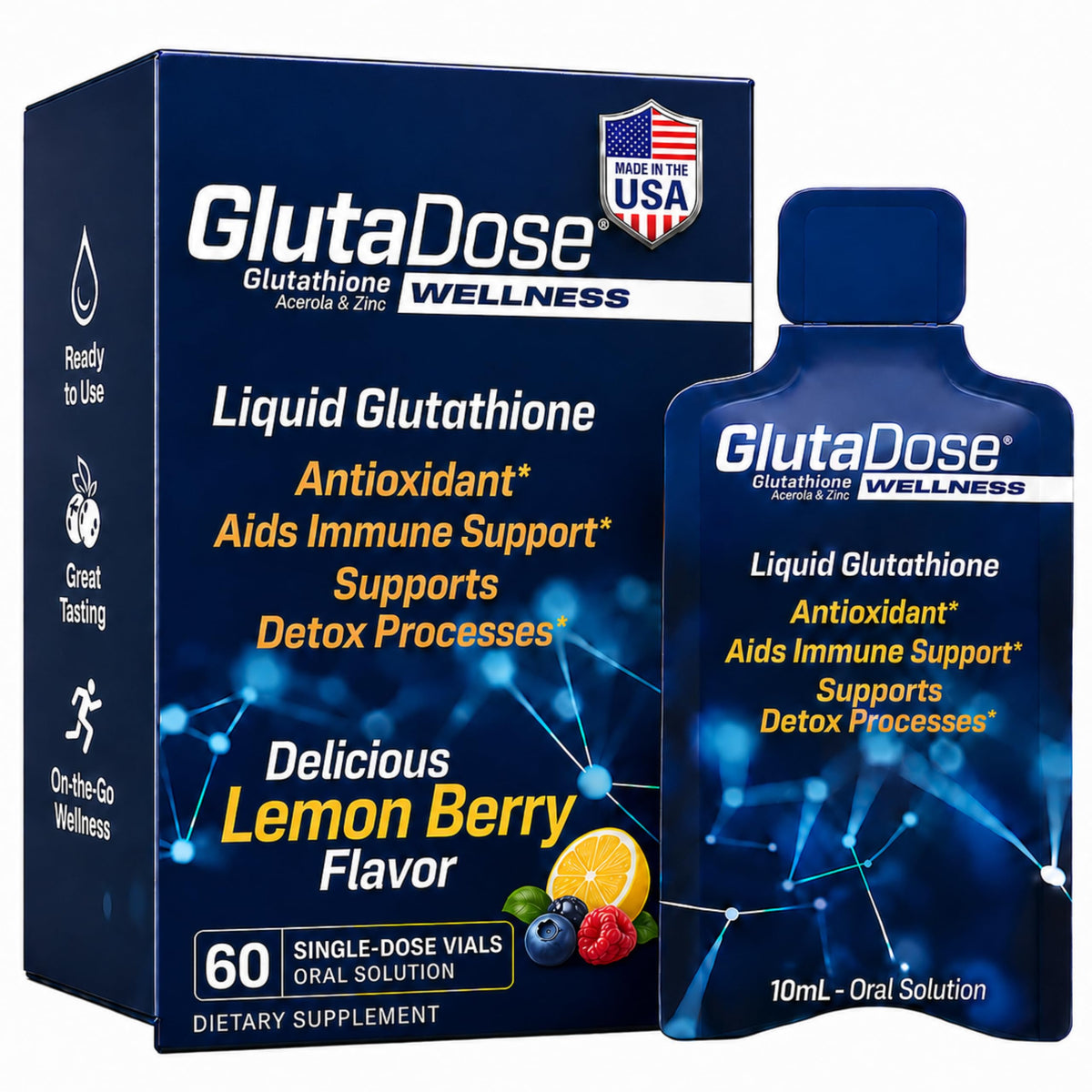 Flacon de GlutaDose complément alimentaire liquide au citron et baies, 60 doses