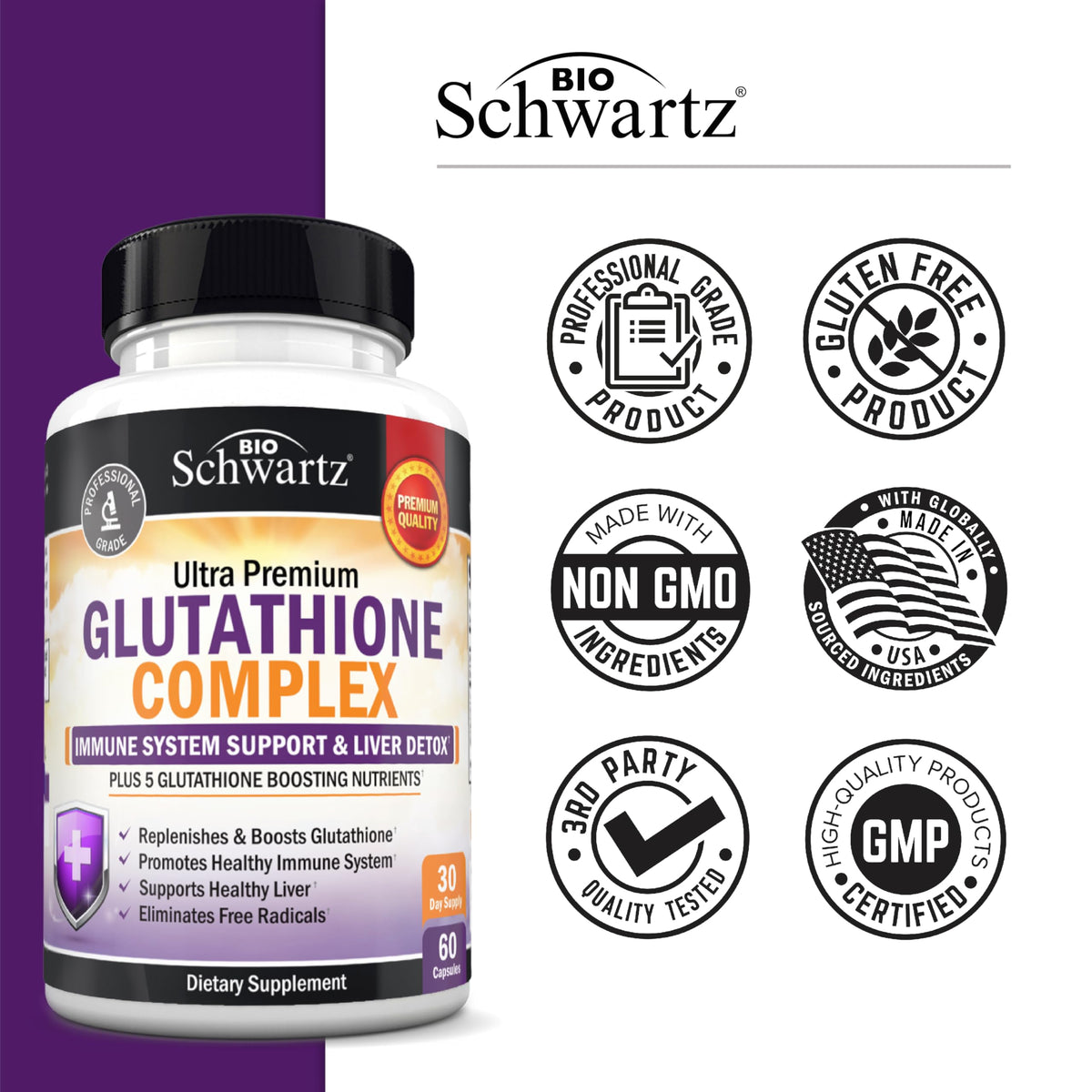 Flacon de Glutathion 500mg BioSchwartz avec étiquette visible