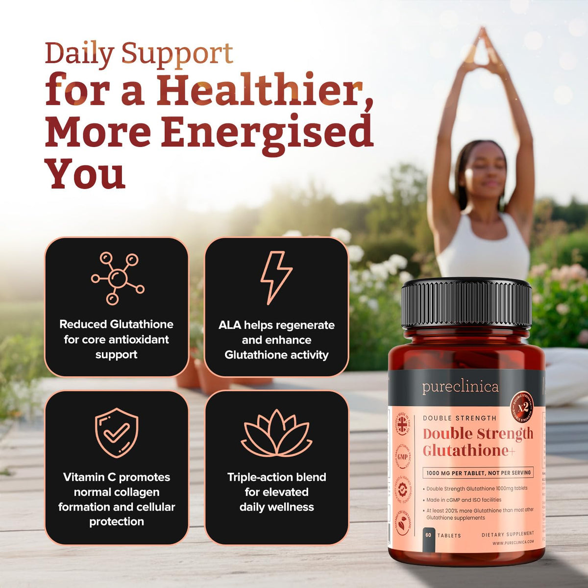 Flacon de Glutathione 1000mg ouvert avec comprimés visibles