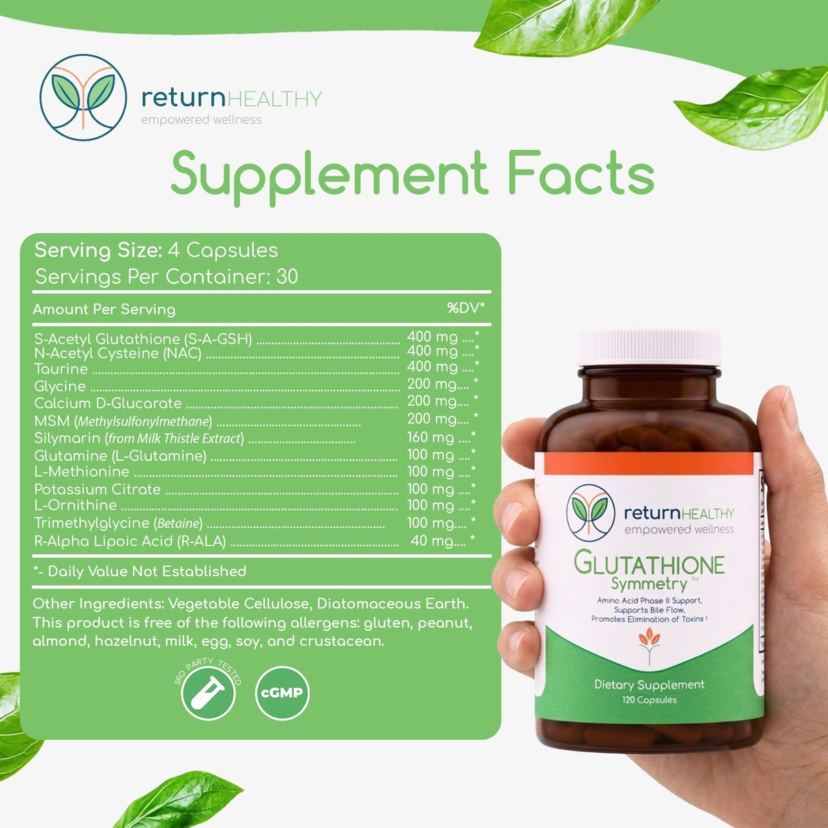 Flacon de Glutathione Symmetry ouvert montrant les capsules