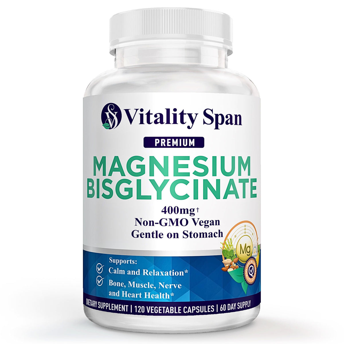 Flacon de Glycinate de Magnésium 400mg Vitality Span avec 120 capsules