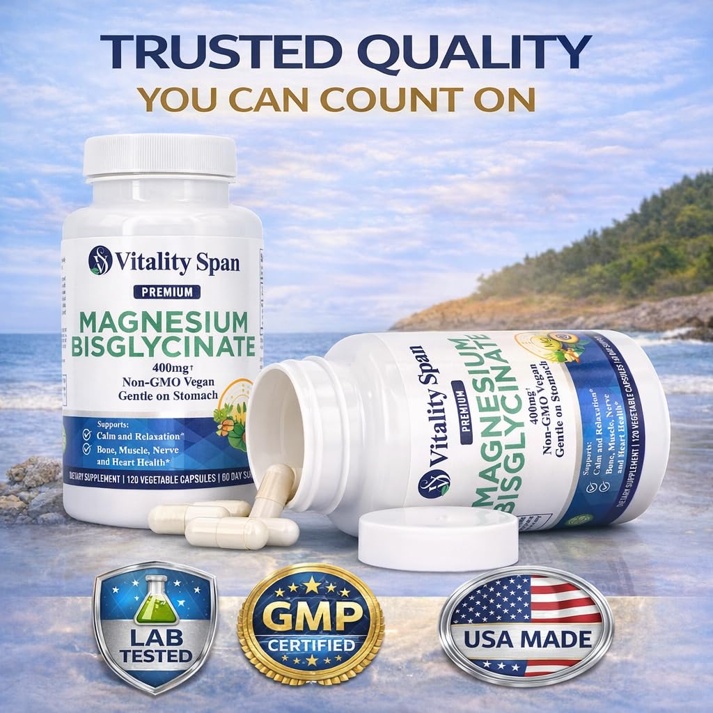Flacon de Glycinate de Magnésium 400mg Vitality Span sur une table
