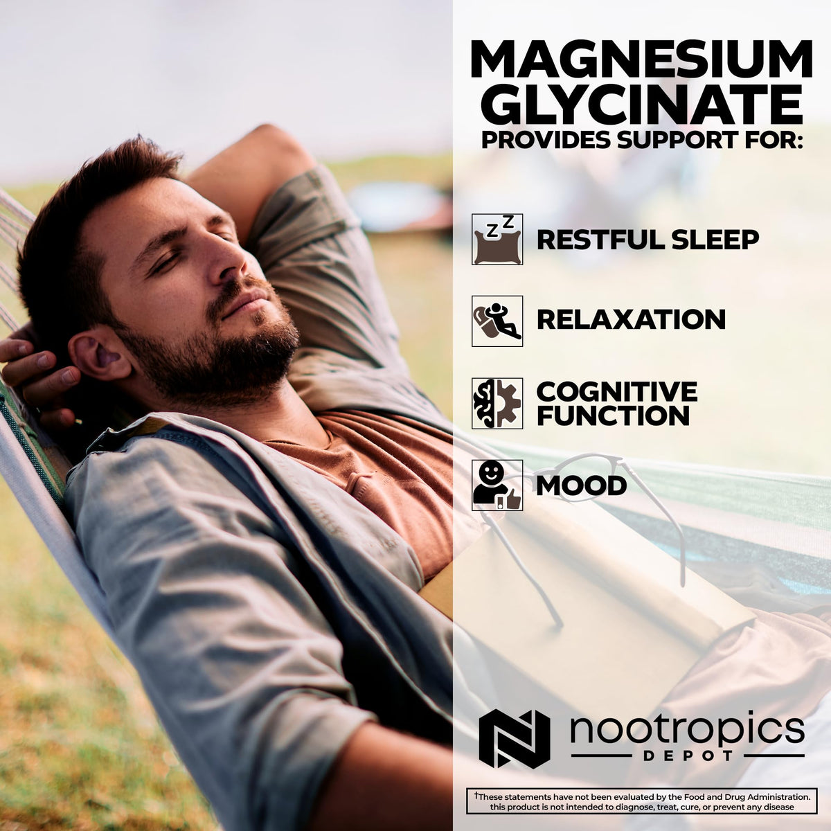 Flacon de Glycinate de Magnésium Nootropics Depot ouvert avec capsules visibles