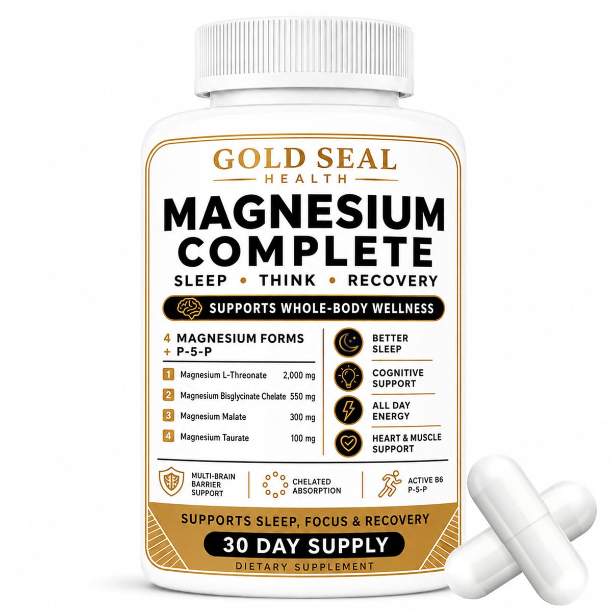 Flacon de Gold Seal Complément Alimentaire Magnésium 4 en 1 vu de face