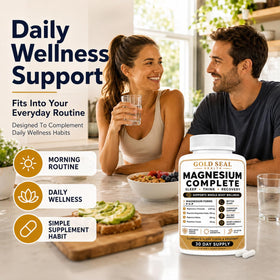 Flacon de Gold Seal Magnésium ouvert avec capsules visibles