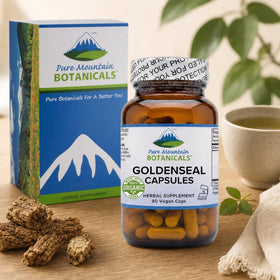 Flacon de Goldenseal 250mg avec des éléments naturels en arrière-plan