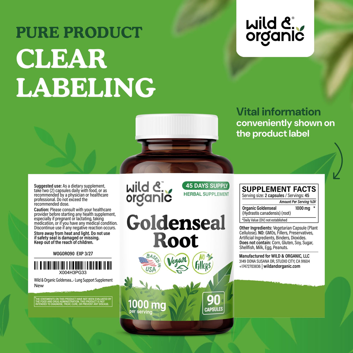 Flacon de goldenseal Wild & Organic ouvert avec capsules